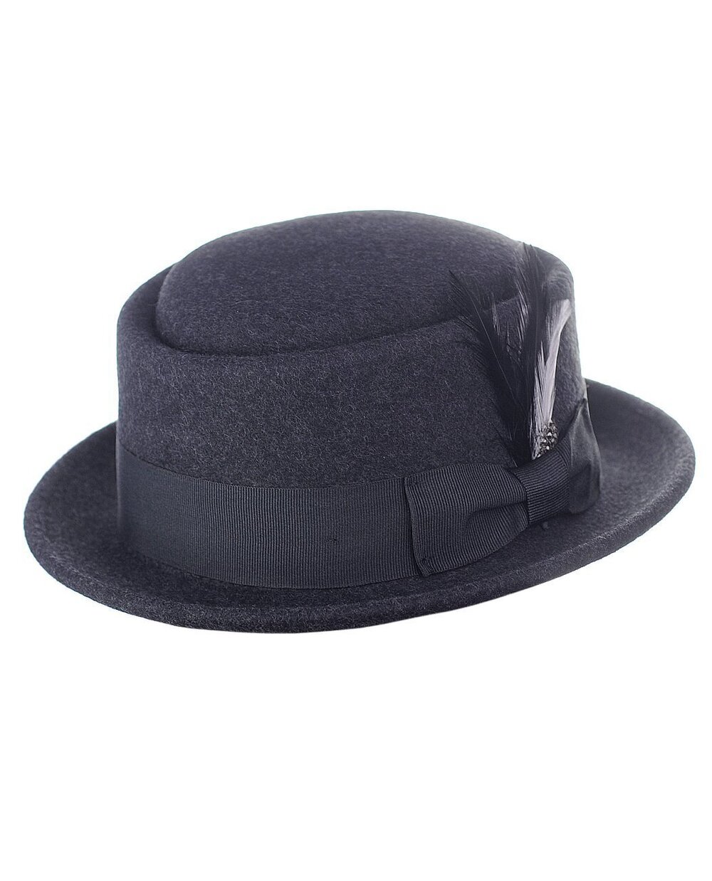 1270 Crushable Wool Felt Porkpie Hat w/Feather HE09 Char-S/M Charcoal Gray